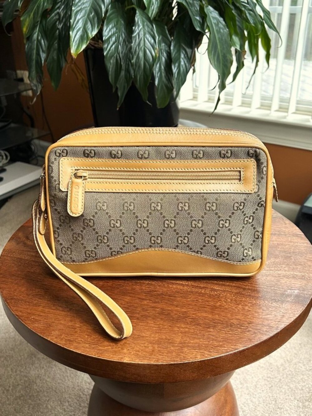 GUCCI GG Monogram Zip Clutch, Pouch, Tan